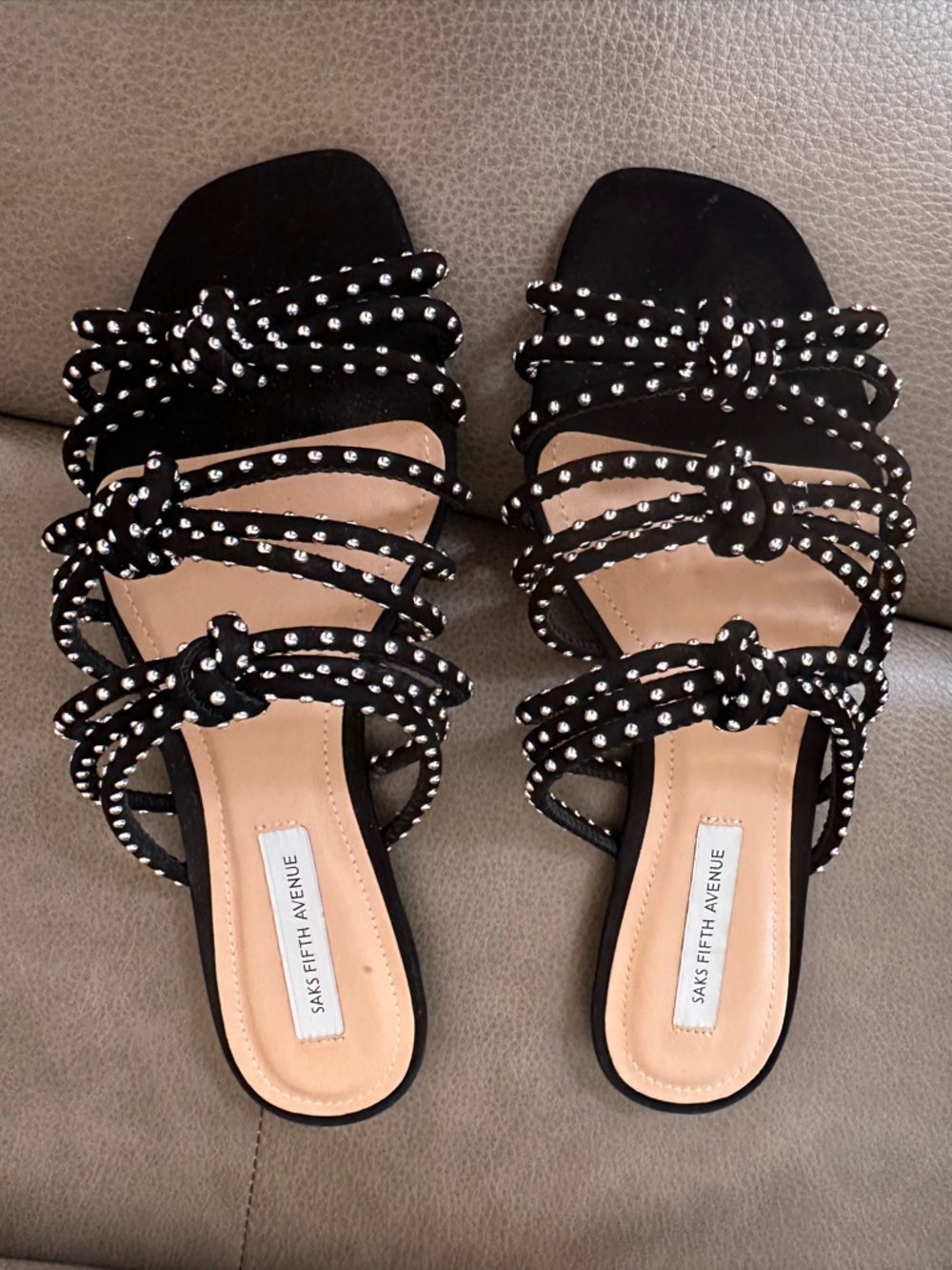 Saks Fifth Avenue Black Studded Knot-Strap Heels